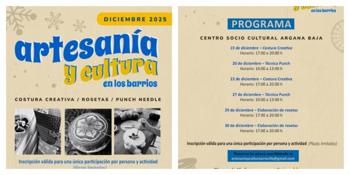 El Centro Sociocultural de Argana Baja acogerá varios talleres de costura creativa, técnica punch needle y elaboración de rosetas durante diciembre y enero El Centro Sociocultural de Argana Baja acogerá varios talleres de costura creativa, técnica punch needle y elaboración de rosetas durante diciembre y enero