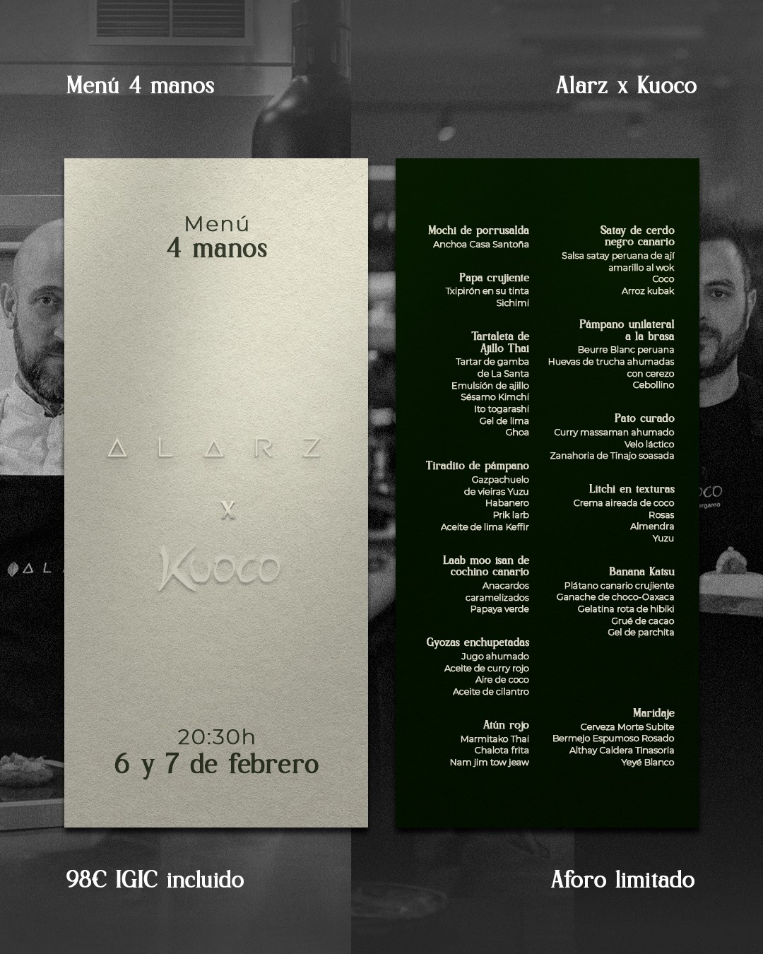 El 6 y 7 de febrero, ALARZ Lanzarote acogerá un menú a cuatro manos irrepetible firmado por los chefs Mikel Asiain y Rafa Bérgamo