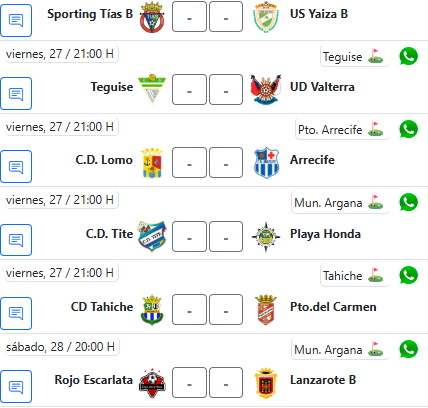   US Yaiza y San Bartolomé CF; la salvación está en casa  Este fin de semana se disputarán en la isla dos partidos cruciales para los representativos en la Tercera División. El US Yaiza jugará este domingo a las 13:00 horas ante el San Miguel en un duelo complejo para los de Ezequiel Vieites, que de sumar un punto o vencer, darían un salto muy importante. Por su lado el San Bartolomé recibirá en casa a las 12:00 horas ante el Tamaraceite para intentar salir del descenso esta semana. En la Preferente el Sporting Tías se enfrentará al Becerril este sábado a las 17:30 horas y a partir de las 21:00, de este viernes, arrancará la 20º jornada del fútbol regional con los siguientes partidos:  PEGAR FOTO  En el polideportivo tras su última victoria el CICAR Lanzarote jugará en casa ante el KH7 Granollers este domingo a las 12:00 horas. También hay que destacar el inicio de II Copa Cabildo de Lanzarote de Lucha Canaria; este jueves arrancó con el triunfo del CL US Tías (14) ante el CL San Bartolomé (16), el viernes se enfrentarán el CLU Norte vs CL Tao, en el Terrero Luis Montero Barreto y el sábado el CLU Sur Yaiza contra el CL Tinajo, a partir de las 20:30 horas, en el Terrero Emilio Machín de León.