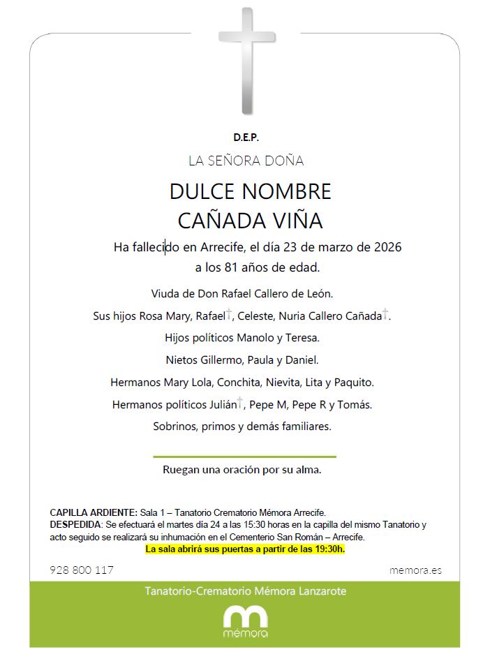 Esquela Dulce Nombre Cañada