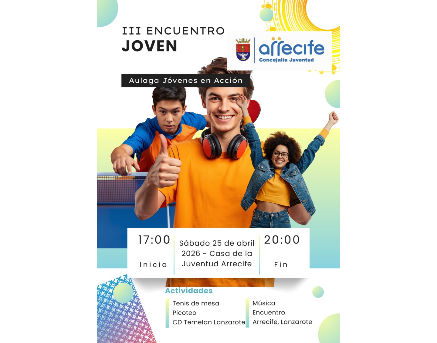 La Casa de la Juventud de Arrecife acogerá desde las 17 hasta las 20 horas música, mesas redondas, juegos y tenis de mesa