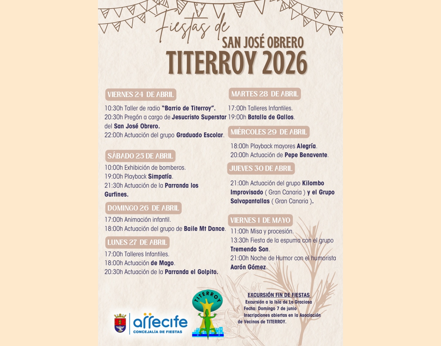 El programa incluye las actuaciones del humorista Aarón Gómez y del cantante Pepe Benavente entre otras muchas actividades