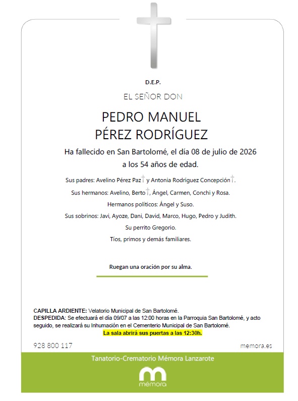 El vecino de San Bartolomé será despedido este jueves en la parroquia del municipio, donde familiares y amigos le darán el último adiós