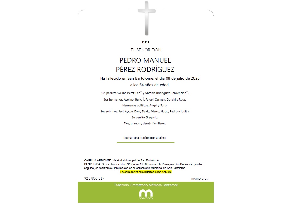 El vecino de San Bartolomé será despedido este jueves en la parroquia del municipio, donde familiares y amigos le darán el último adiós