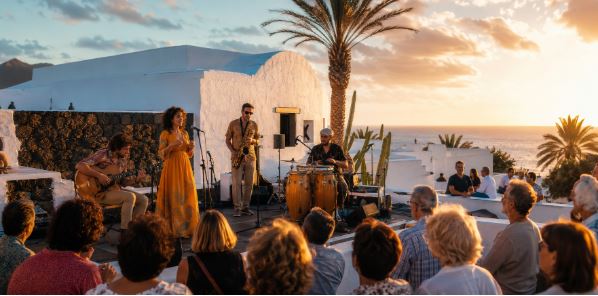Músicos interpretan jazz al aire libre durante el atardecer frente al mar Músicos interpretan jazz al aire libre durante el atardecer frente al mar
