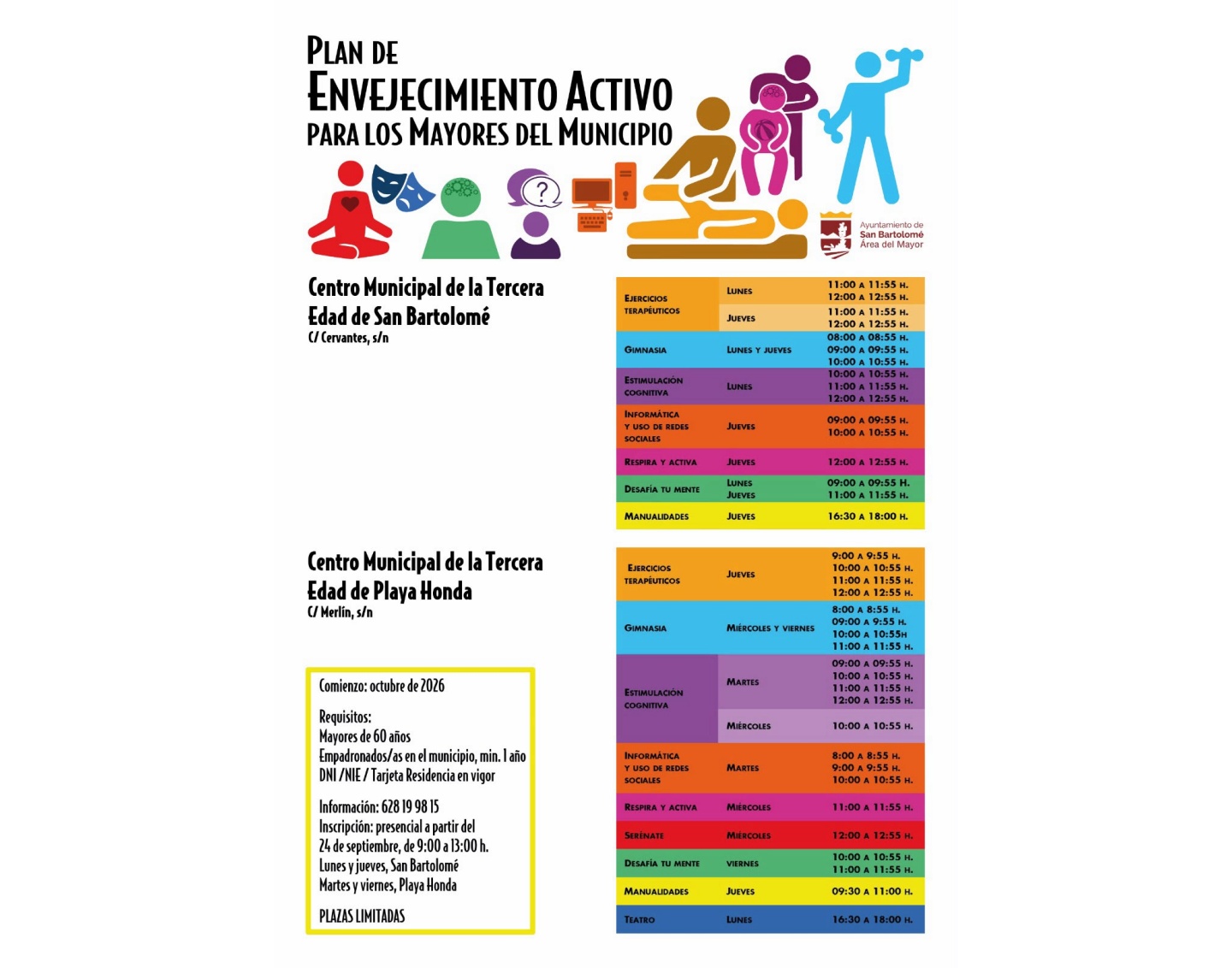 El programa incluye gimnasia, estimulación cognitiva, informática, manualidades y teatro en San Bartolomé y Playa Honda