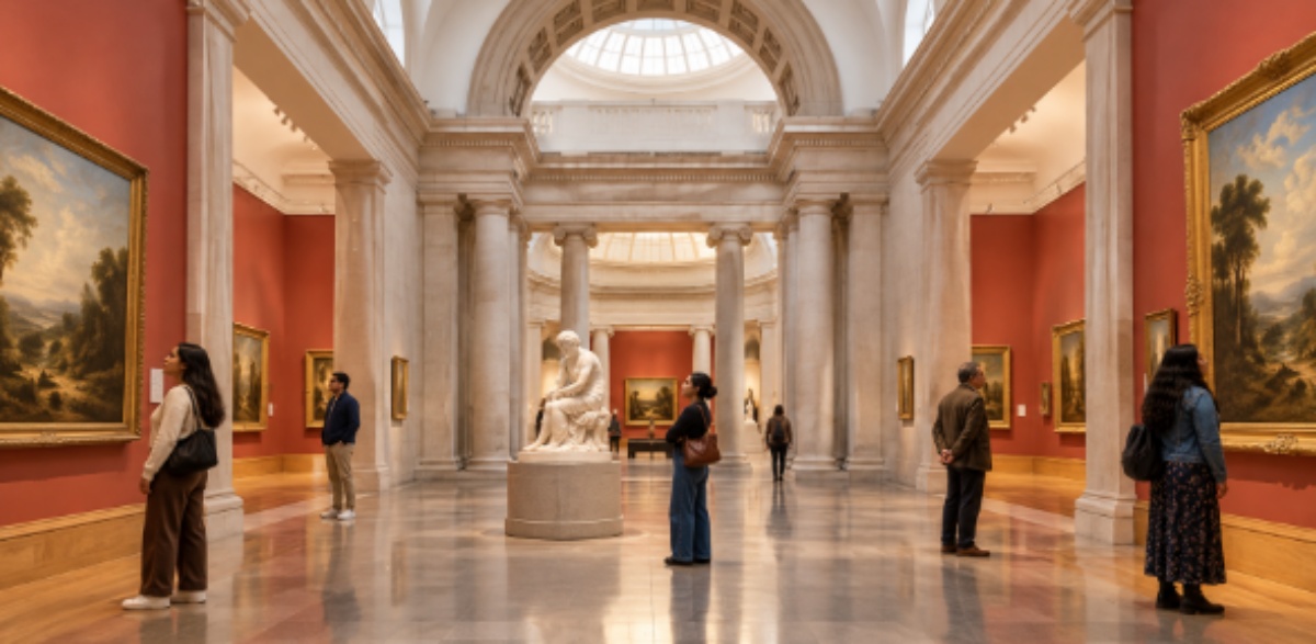 Exposición de arte en Tate Britain con visitantes observando pinturas y esculturas