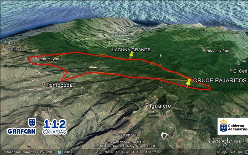 La zona afectada por el fuego en La Gomera, según datos de la noche del domingo.