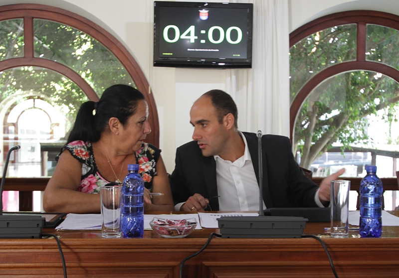 Emilia Perdomo dialoga con su compañero de partido González Docal durante el Pleno de este lunes en Arrecife
