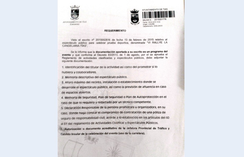 Requerimiento que hace el Ayuntamiento el pasado mes de febrero.