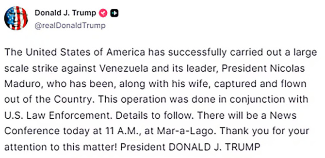Trump afirma que Maduro “ha sido capturado y trasladado fuera de Venezuela”