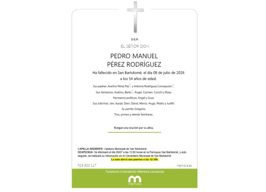 El vecino de San Bartolomé será despedido este jueves en la parroquia del municipio, donde familiares y amigos le darán el último adiós